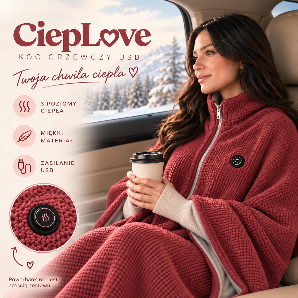 CiepLove – bordowy koc grzewczy USB, 3 poziomy ciepła